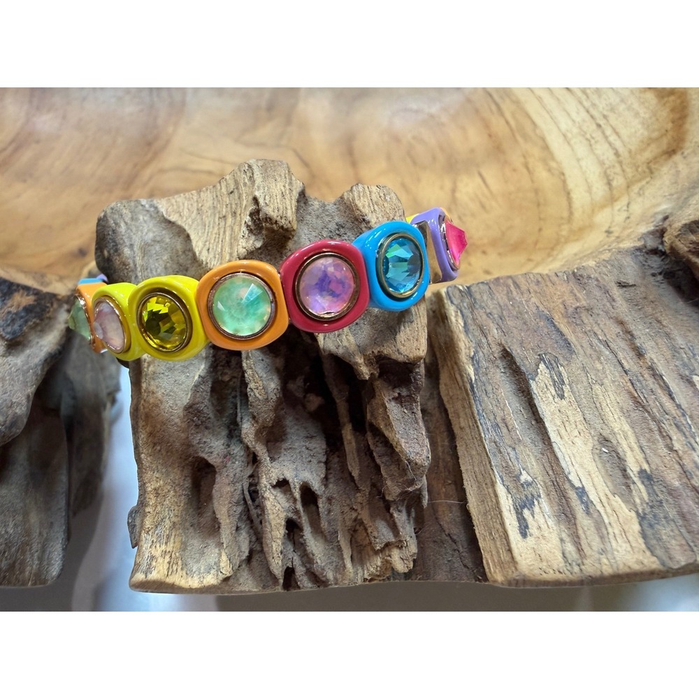 Rainbow Enamel Tile Stretch Bracelet Multicolor Crystal Statement Jewelry NWOT